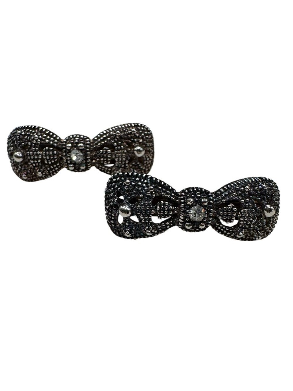 Vintage 2 Barrettes Hair Clips Silver Tone Bows Relief Details Clear Glass Stone